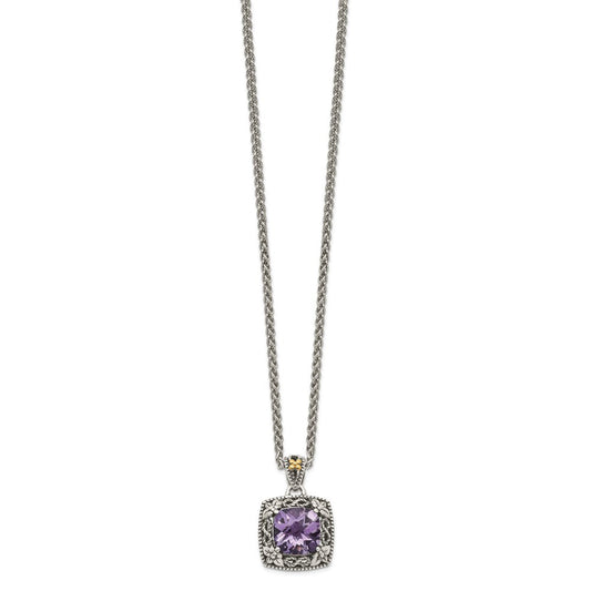 Shey Couture Sterling Silver with 14K Accent 18 Inch Antiqued Cushion Amethyst Necklace QTC1564
