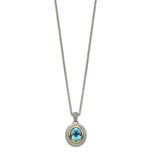 Shey Couture Sterling Silver with 14K Accent 18 Inch Antiqued Oval Bezel Light Swiss Blue Topaz Necklace QTC1597