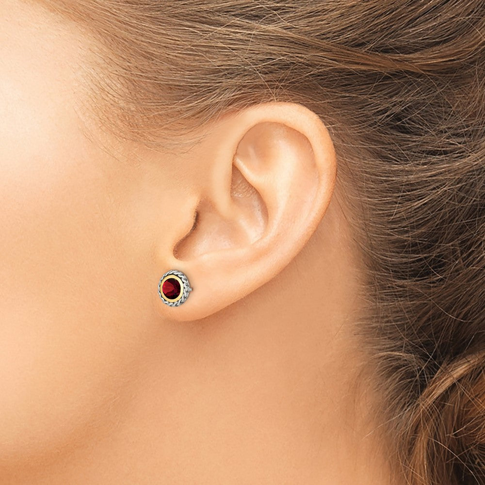 QTC1640 Shey Couture Sterling Silver with 14K Accent Antiqued Round Bezel Garnet Post Earrings