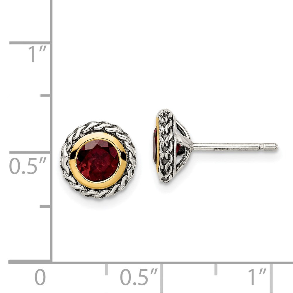 QTC1640 Shey Couture Sterling Silver with 14K Accent Antiqued Round Bezel Garnet Post Earrings