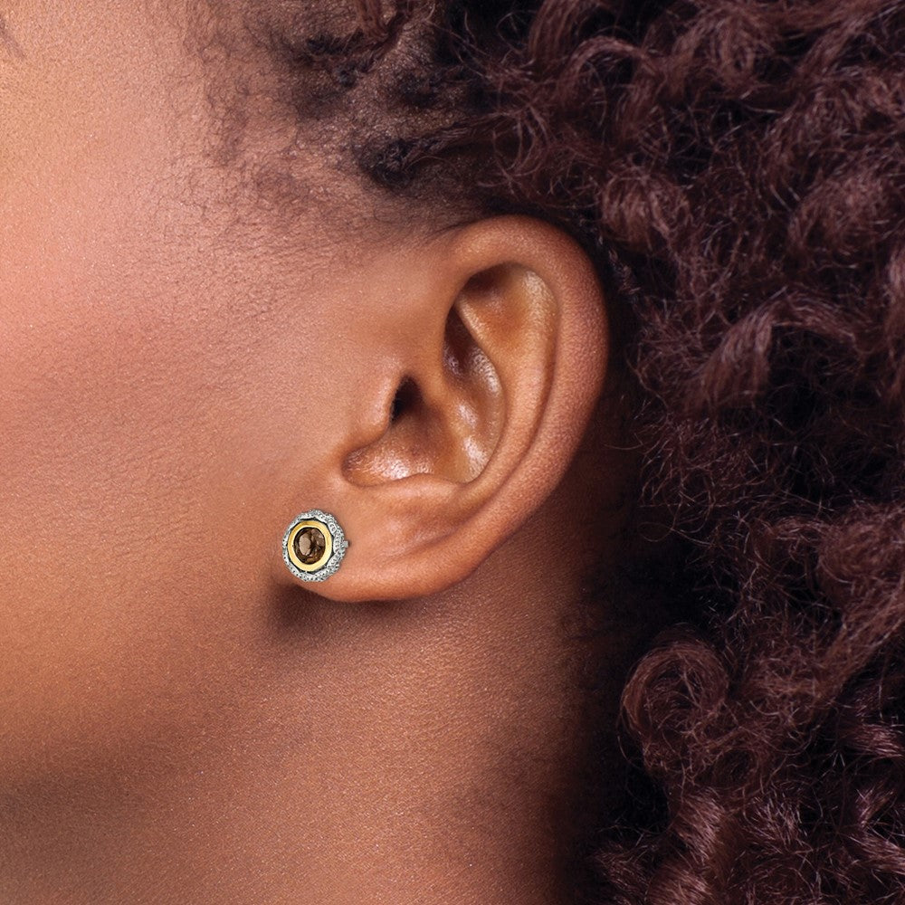 QTC1668 Shey Couture Sterling Silver with 14K Accent Antiqued Round Bezel Smoky Quartz Post Earrings
