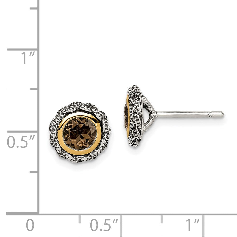 QTC1668 Shey Couture Sterling Silver with 14K Accent Antiqued Round Bezel Smoky Quartz Post Earrings