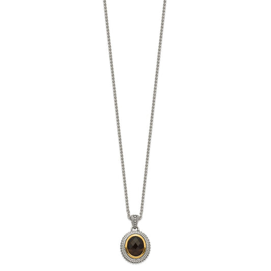 Shey Couture Sterling Silver with 14K Accent 18 Inch Antiqued Oval Bezel Smoky Quartz Necklace QTC1675