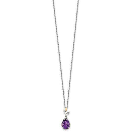 Shey Couture Sterling Silver with 14K Accent 18 Inch Leaves with Checkerboard Pear Shaped Amethyst Necklace with 2 Inch Extender QTC1748