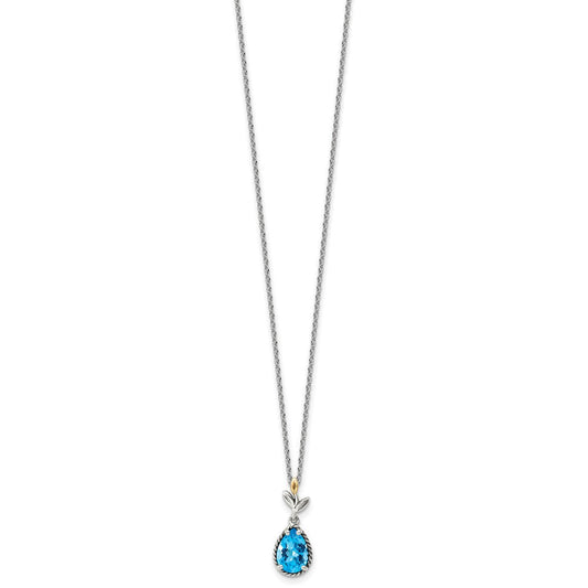 Shey Couture Sterling Silver with 14K Accent 18 Inch Leaves with Pear Shape Checkerboard Blue Topaz Necklace with 2 Inch Extender QTC1754