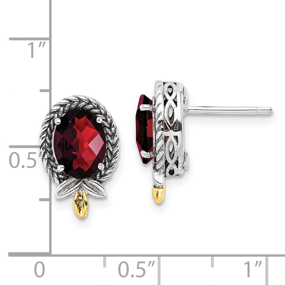 QTC1764 Shey Couture Sterling Silver with 14K Accent Antiqued Checkerboard Oval Garnet Post Earrings
