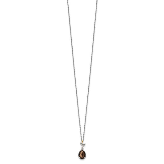 Shey Couture Sterling Silver with 14K Accent 18 Inch Leaves with Pear Shaped Checkerboard Smoky Quartz Necklace with 2 Inch Extender QTC1771