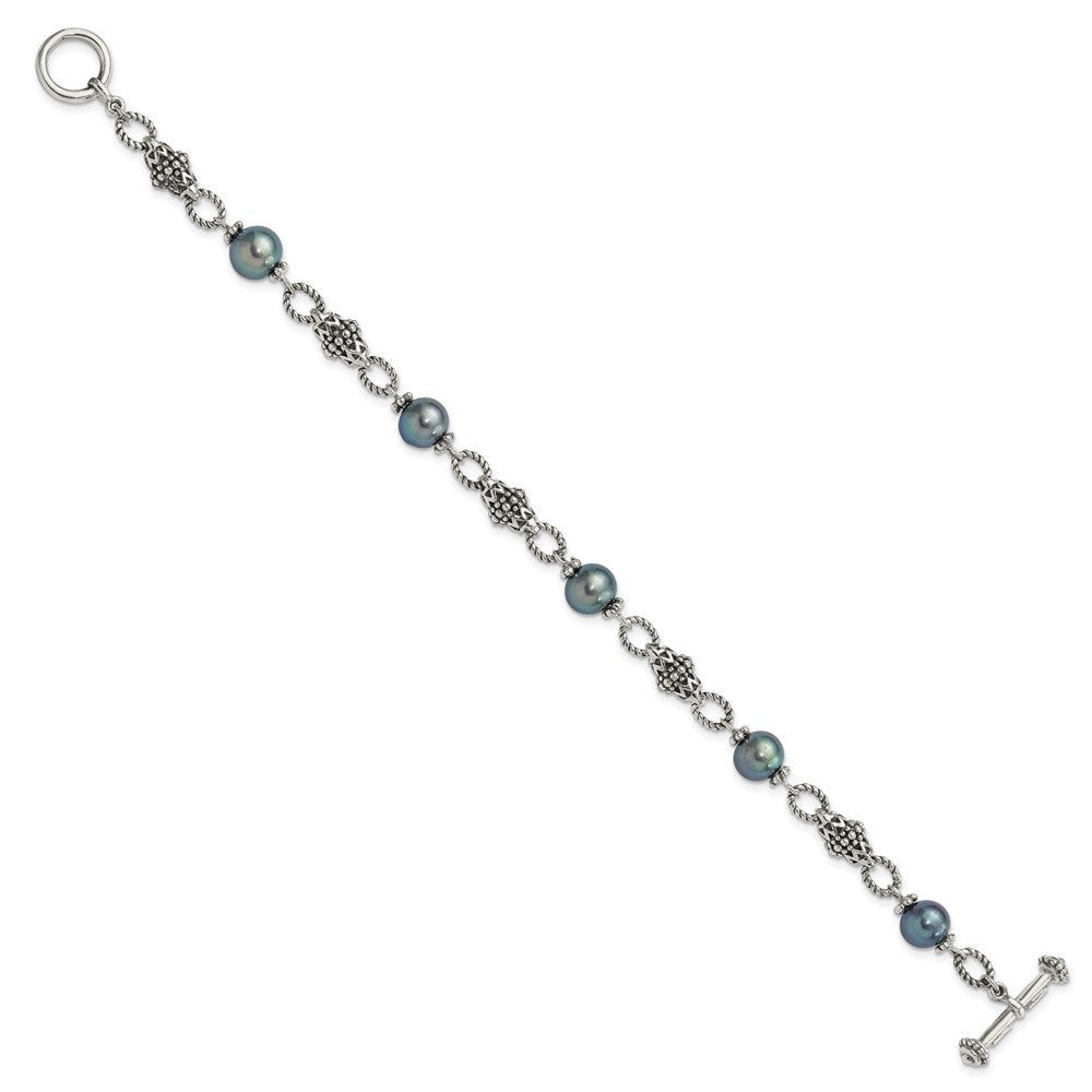 Shey Couture Sterling Silver Antiqued 8-8.5mm Freshwater Cultured Black Pearl 8 inch Toggle Bracelet QTC1782