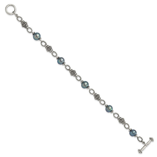 Shey Couture Sterling Silver Antiqued 8-8.5mm Freshwater Cultured Black Pearl 8 inch Toggle Bracelet QTC1782