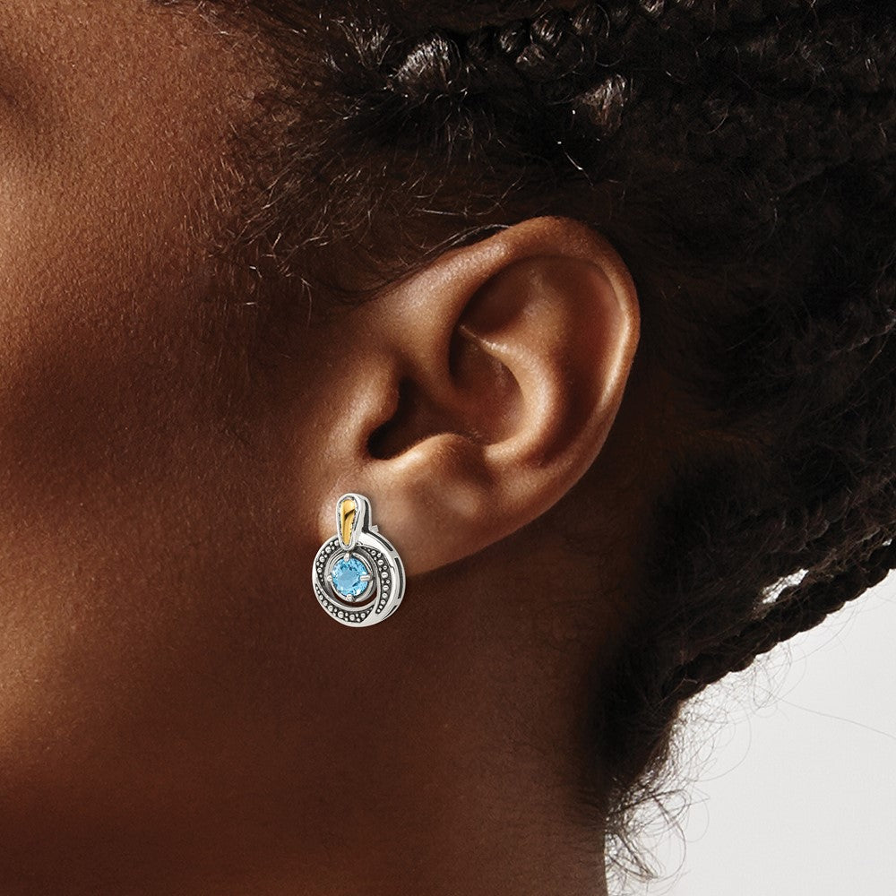 QTC1803 Shey Couture Sterling Silver Antiqued with 14k Accent Light Swiss Blue Topaz Post Earrings