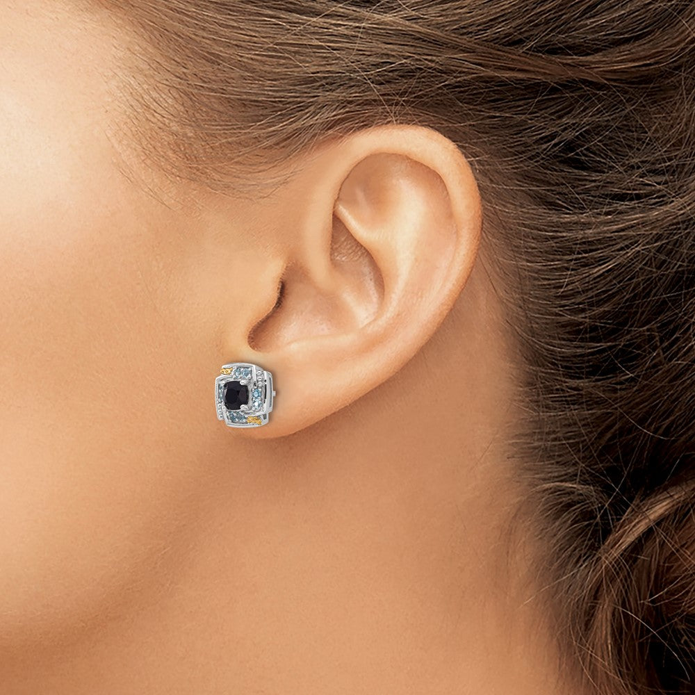 QTC1806 Shey Couture Sterling Silver Rhodium-plated with 14k Accent .96 Onyx / .33 Swiss Blue Topaz Post Earrings