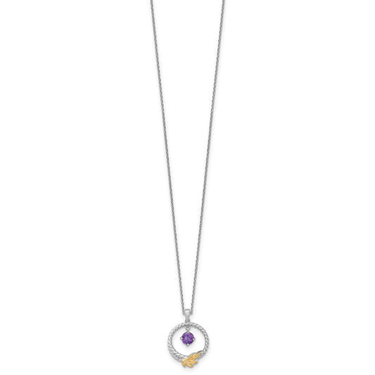 Shey Couture Sterling Silver Rhodium-plated Twisted Circle with 14k Leaf Accent Round Amethyst Dangle 18 inch with 2 inch Extension Necklace QTC1832