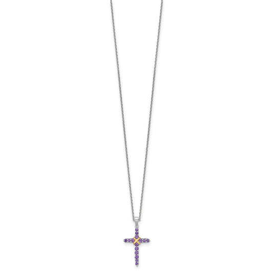 Shey Couture Sterling Silver Rhodium-plated with 14k -X- Accent Round Amethyst Cross 18 inch with 2 inch Extension Necklace QTC1842