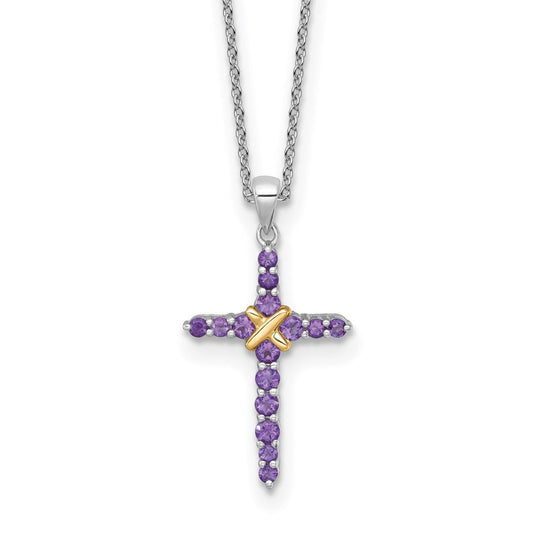 Shey Couture Sterling Silver Rhodium-plated with 14k -X- Accent Round Amethyst Cross 18 inch with 2 inch Extension Necklace QTC1842
