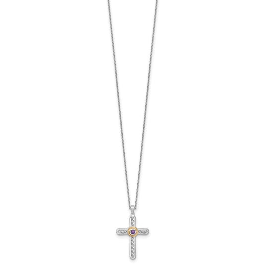 Shey Couture Sterling Silver Rhodium-plated with 14k Accent Round Amethyst Textured Cross 18 inch with 2 inch Extension Necklace QTC1843