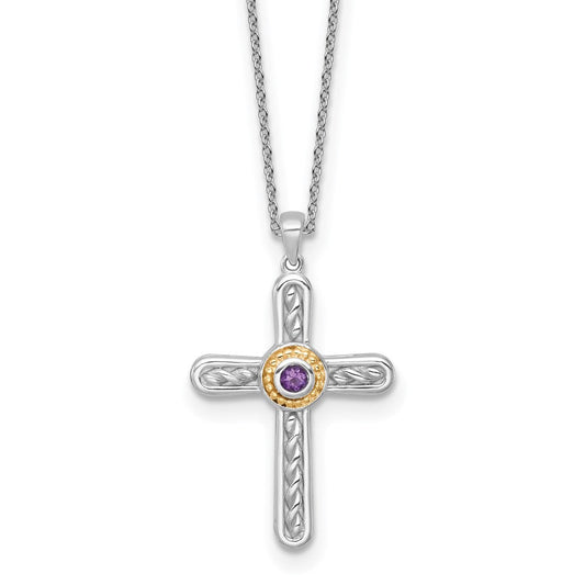 Shey Couture Sterling Silver Rhodium-plated with 14k Accent Round Amethyst Textured Cross 18 inch with 2 inch Extension Necklace QTC1843