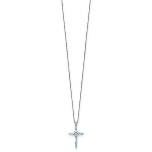 Shey Couture Sterling Silver Rhodium-plated with 14k -X- Accent Round Light Swiss Blue Topaz Cross 18 inch with 2 inch Extension Necklace QTC1844