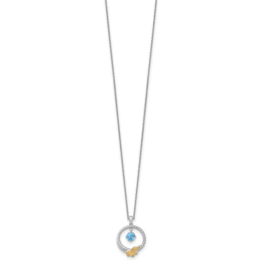 Shey Couture Sterling Silver Rhodium-plated Twisted Circle with 14k Leaf Accent Round Light Swiss Blue Topaz 18 inch with 2 inch Extension Necklace QTC1845