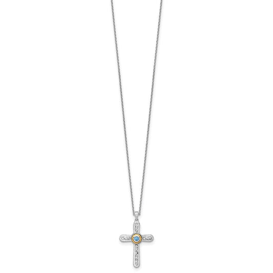 Shey Couture Sterling Silver Rhodium-plated with 14k Accent Round London Blue Topaz Textured Cross 18 inch with 2 inch Extension Necklace QTC1851