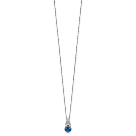 Shey Couture Sterling Silver Rhodium-plated with 14k Accent Checker Cushion London Blue Topaz .04ct. Diamond 18 inch w/2 inch Extension Necklace QTC1855
