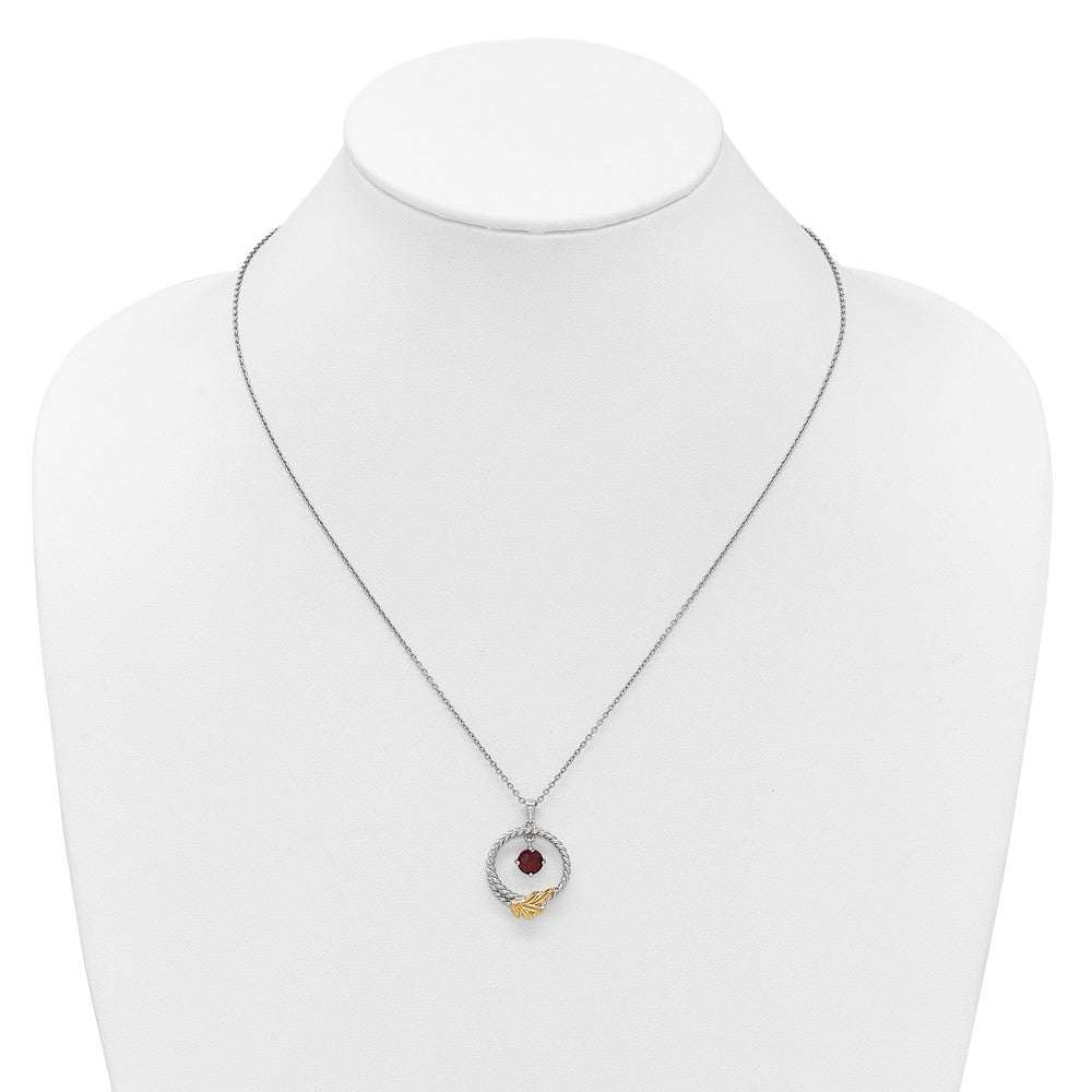 Shey Couture Sterling Silver Rhodium-plated Twisted Circle with 14k Leaf Accent Round Garnet Dangle 18 inch with 2 inch Extension Necklace QTC1862