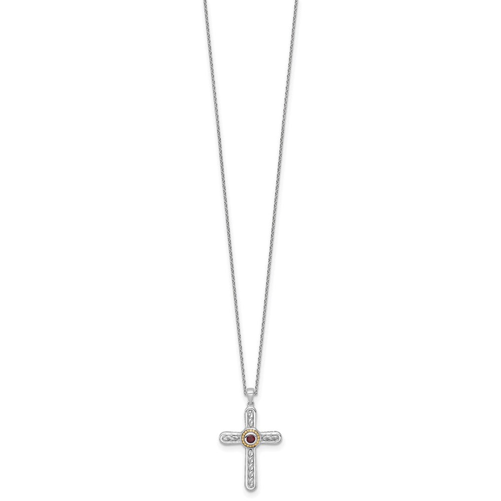 Shey Couture Sterling Silver Rhodium-plated with 14k Accent Round Garnet Textured Cross 18 inch with 2 inch Extension Necklace QTC1863