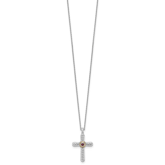 Shey Couture Sterling Silver Rhodium-plated with 14k Accent Round Garnet Textured Cross 18 inch with 2 inch Extension Necklace QTC1863