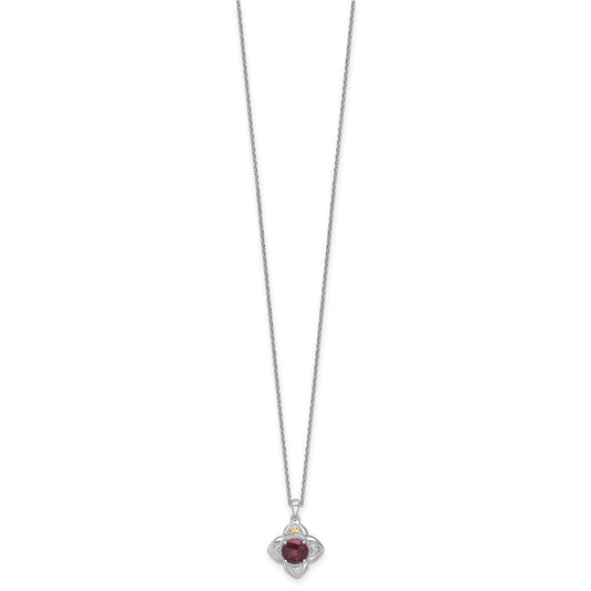Shey Couture Sterling Silver Rhodium-plated with 14k Accent Round Garnet Flower 18 inch with 2 inch Extension Necklace QTC1865