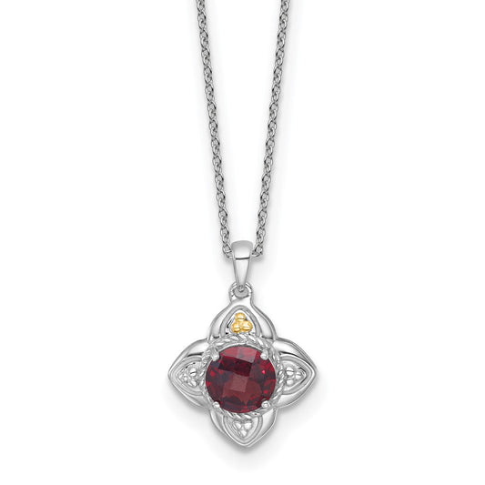 Shey Couture Sterling Silver Rhodium-plated with 14k Accent Round Garnet Flower 18 inch with 2 inch Extension Necklace QTC1865