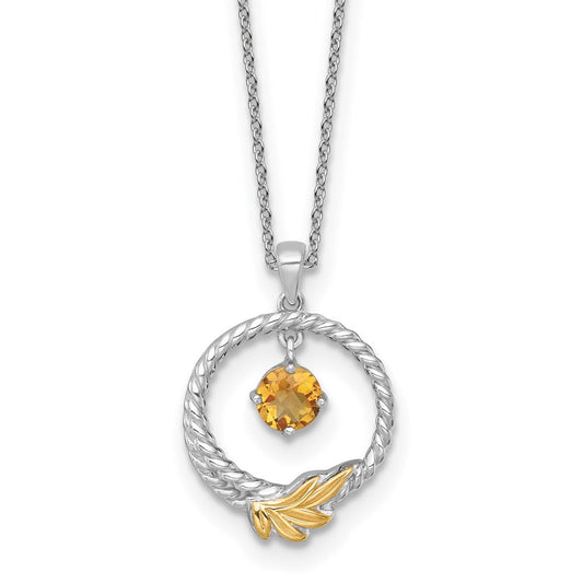 Shey Couture Sterling Silver Rhodium-plated Twisted Circle with 14k Leaf Accent Round Citrine Dangle 18 inch with 2 inch Extension Necklace QTC1868