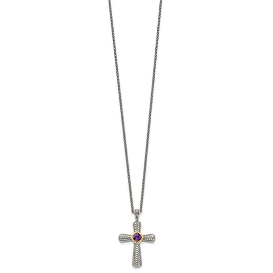 Shey Couture Sterling Silver with 14K Accent 18 Inch Antiqued Cushion Bezel Amethyst Cross Necklace QTC243