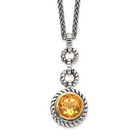Shey Couture Sterling Silver Gold-tone Flash Gold-plated 18 Inch Antiqued Round Bezel Citrine Necklace QTC29