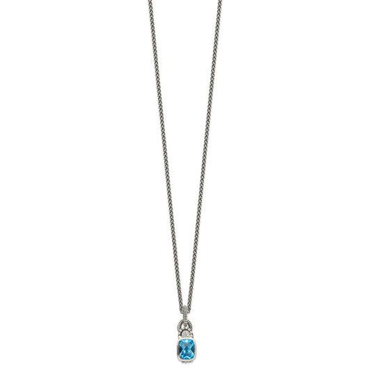 Shey Couture Sterling Silver 18 Inch Antiqued Cushion Bezel Sky Blue Topaz and Diamond Necklace QTC298