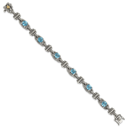 Shey Couture Sterling Silver with 14K Accent 7.5 Inch Antiqued Cushion Swiss Blue Topaz Bracelet QTC389