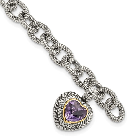 Shey Couture Sterling Silver with 14K Accent 7.5 Inch Antiqued Amethyst Heart Link Bracelet QTC394