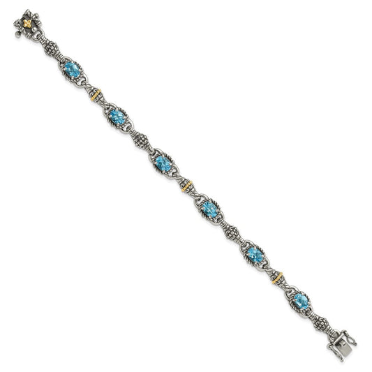 Shey Couture Sterling Silver with 14K Accent 7.25 Inch Antiqued Oval Swiss Blue Topaz Bracelet QTC407