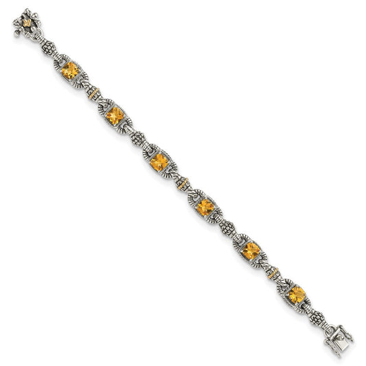 Shey Couture Sterling Silver with 14K Accent 7.25 Inch Antiqued Cushion Citrine Bracelet QTC414