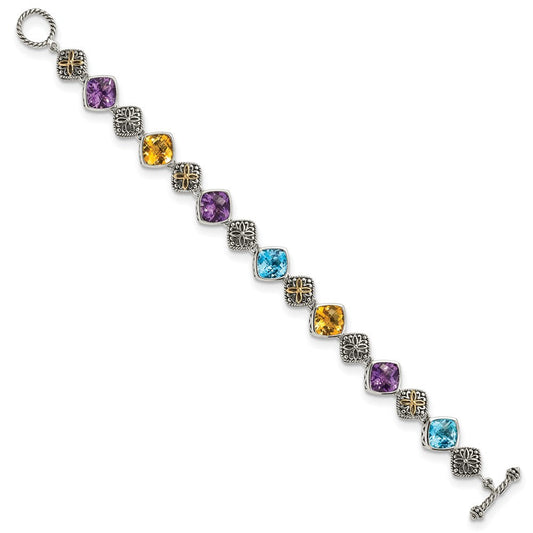 Shey Couture Sterling Silver with 14K Accent 8.25 Inch Antiqued Cushion Bezel 7.95Amethyst/7.1Blue Topaz/5.3Citrine Bracelet QTC442