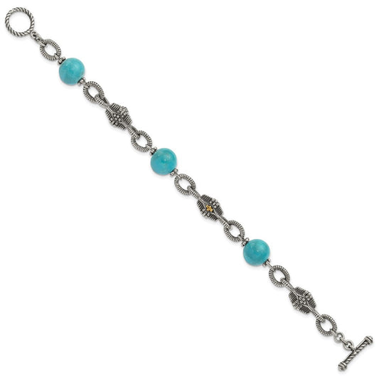Shey Couture Sterling Silver with 14K Accent 7.25 Inch Antiqued Reconstructed Turquoise Bracelet QTC451