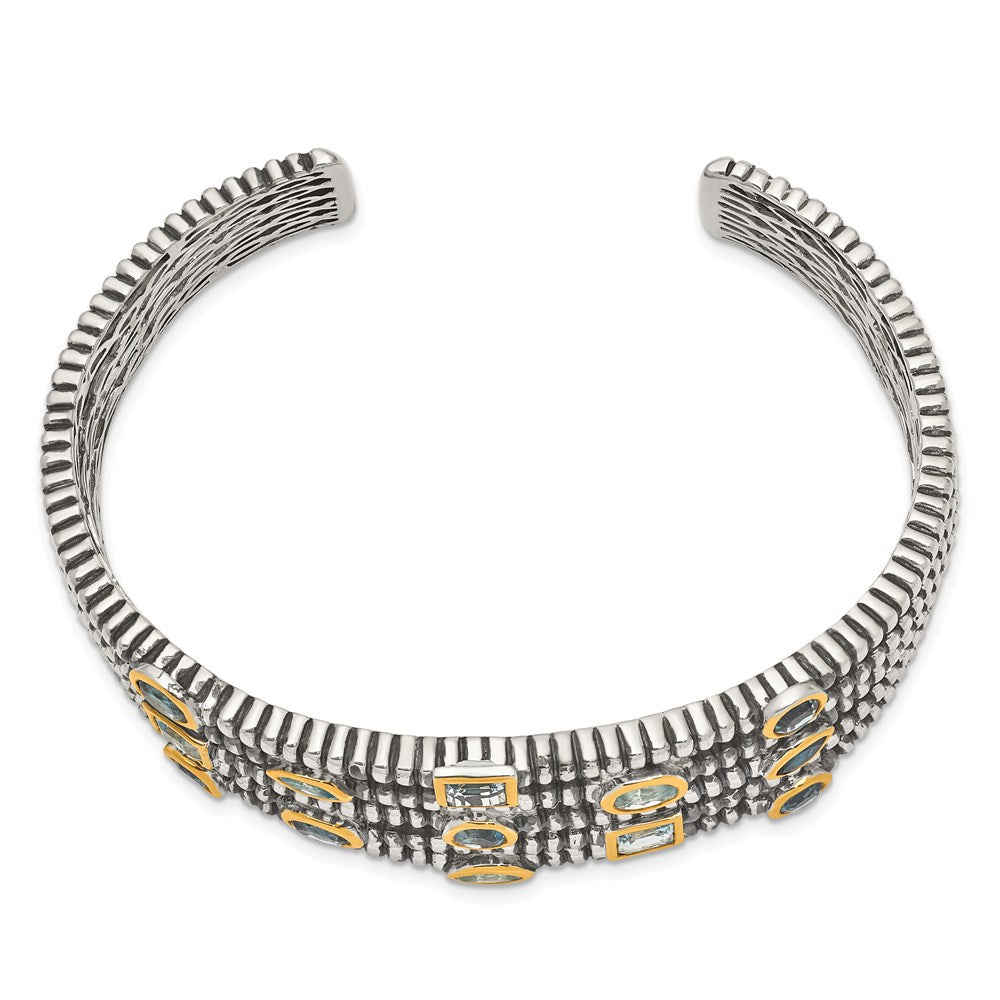 Shey Couture Sterling Silver Gold-tone Flash Gold-plated Antiqued Bezel Sky Blue Swiss and London Blue Topaz Cuff Bracelet QTC47