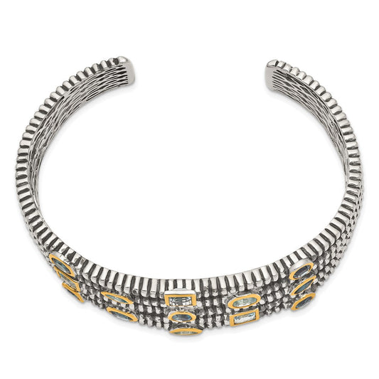 Shey Couture Sterling Silver Gold-tone Flash Gold-plated Antiqued Bezel Sky Blue Swiss and London Blue Topaz Cuff Bracelet QTC47