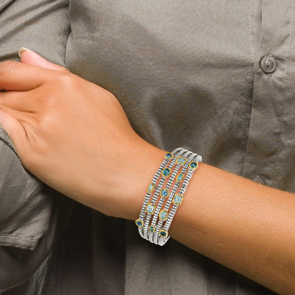 Shey Couture Sterling Silver Gold-tone Flash Gold-plated Antiqued Bezel Sky Blue Swiss and London Blue Topaz Cuff Bracelet QTC47