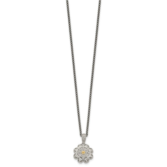 Shey Couture Sterling Silver Antiqued with 14K Accent 18 Inch Diamond Vintage Flower Necklace QTC519