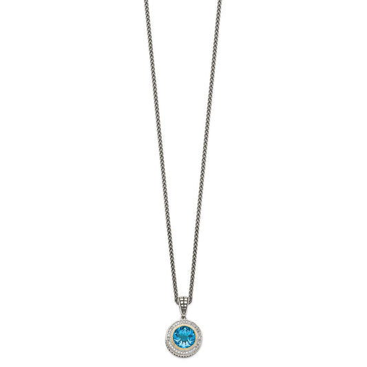 Shey Couture Sterling Silver with 14K Accent 18 Inch Antiqued Round Swiss Blue Topaz and Diamond Necklace QTC52