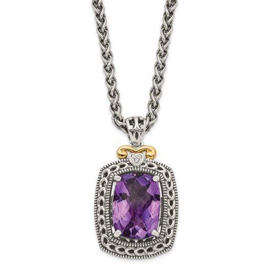 Shey Couture Sterling Silver with 14K Accent 18 Inch Antiqued Checkerboard-cut Cushion Amethyst and Diamond Necklace QTC693