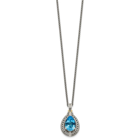 Shey Couture Sterling Silver with 14K Accent 18 Inch Antiqued Diamond and Pear Shaped Blue Topaz Necklace QTC756