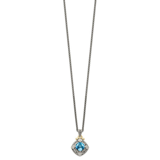 Shey Couture Sterling Silver with 14K Accent 18 Inch Antiqued Diamond and Cushion Blue Topaz Necklace QTC791