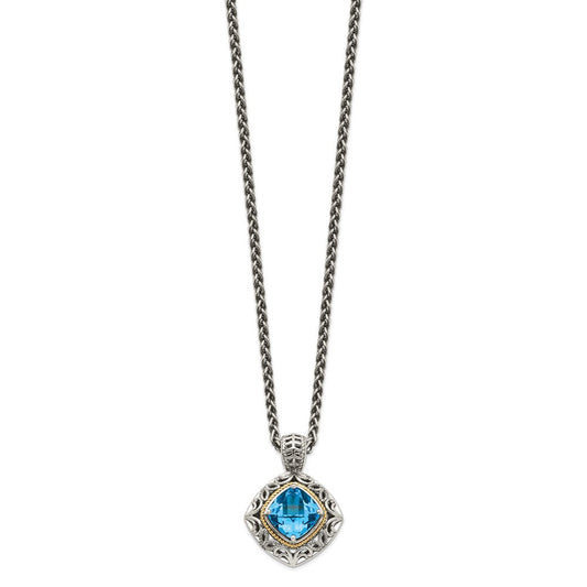 Shey Couture Sterling Silver with 14K Accent 18 Inch Antiqued Cushion Blue Topaz Necklace QTC794