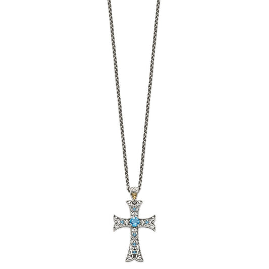 Shey Couture Sterling Silver Rhodium-plated with 14K Accent 18 Inch Antiqued Round Blue Topaz Cross Necklace QTC805
