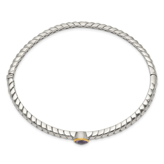 Shey Couture Sterling Silver Antiqued with 14K Accent Round Bezel Amethyst Hinged Bangle Bracelet QTC946